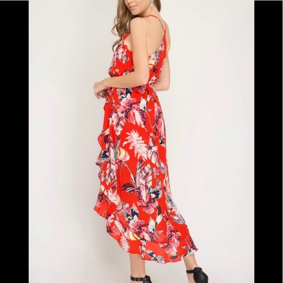 SHE & SKY HALTER FLORAL WRAP MIDI DRESS - Picture 6 of 8